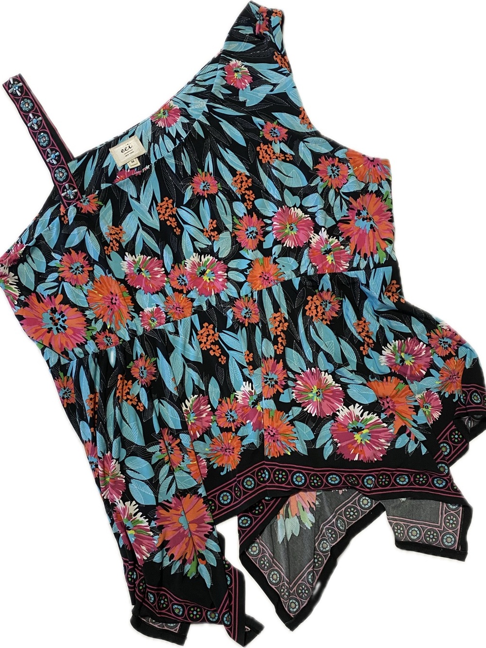ECI Black Floral Asymmetric One-Shoulder Tank with Teal and Coral Flowers